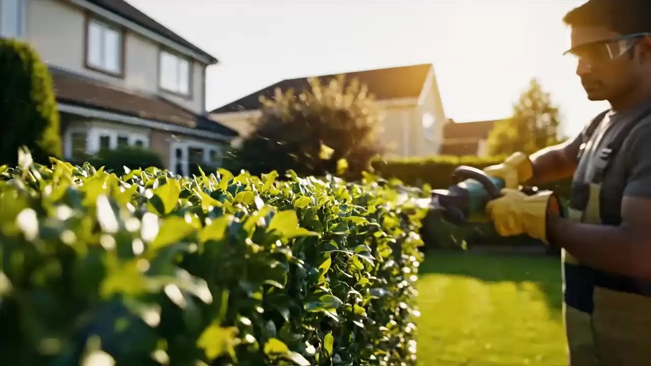 A gardener in gloves trimming a hedge on a sunny lawn